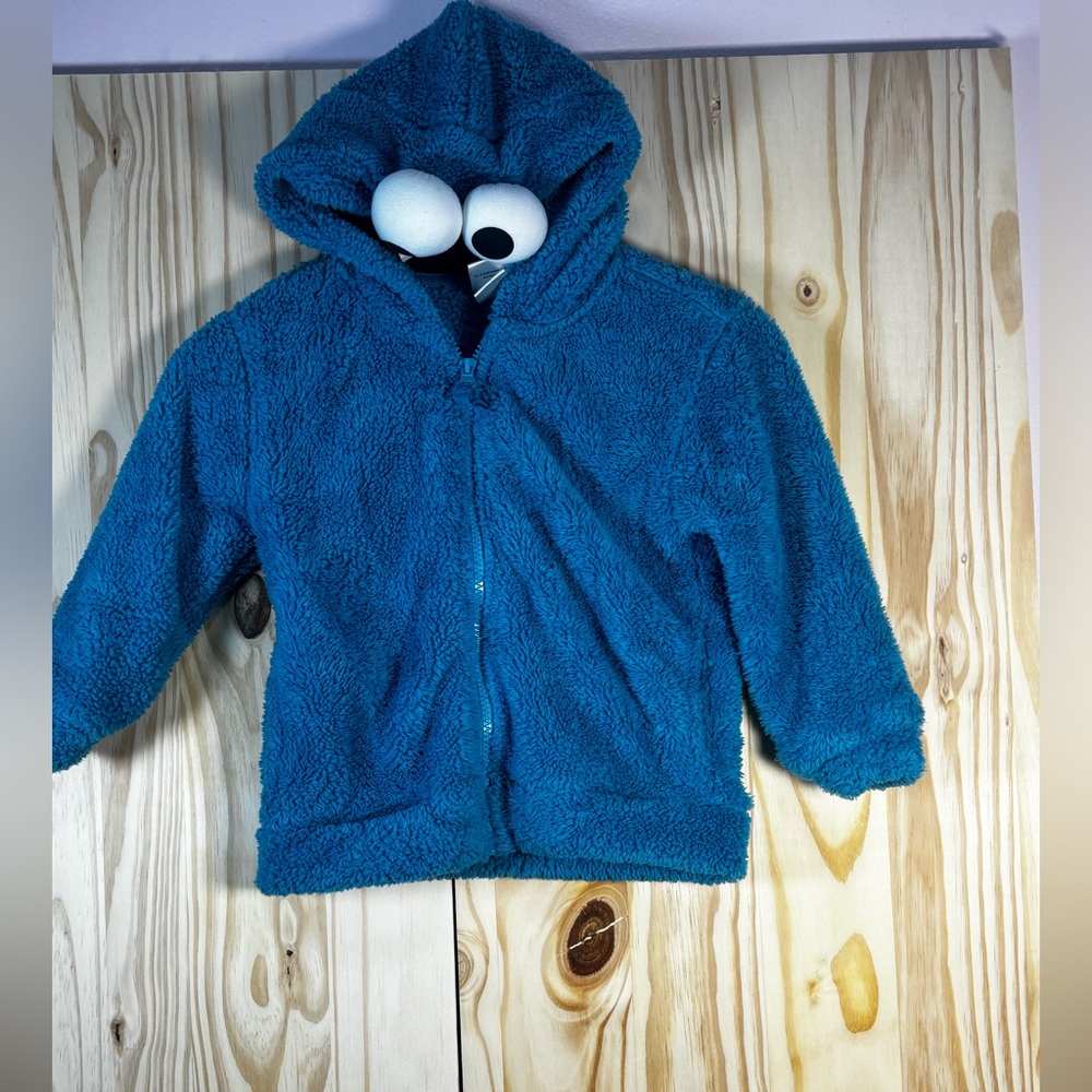 Sesame Street Teal Blue Fuzzy Hooded Zip-Up Sweatshirt with Character Eyes